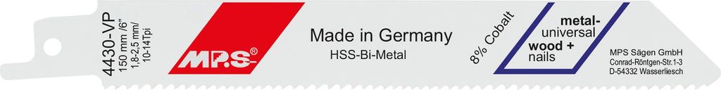 MPS Bi-Metall-Säbelsägeblatt gefräst und geschränkt Gesamtlänge 150/verzahnte Länge 130mm, Zahnteilung 1,8-2,5mm #4430-VP-5 : 150 mm : 1,8-2,...