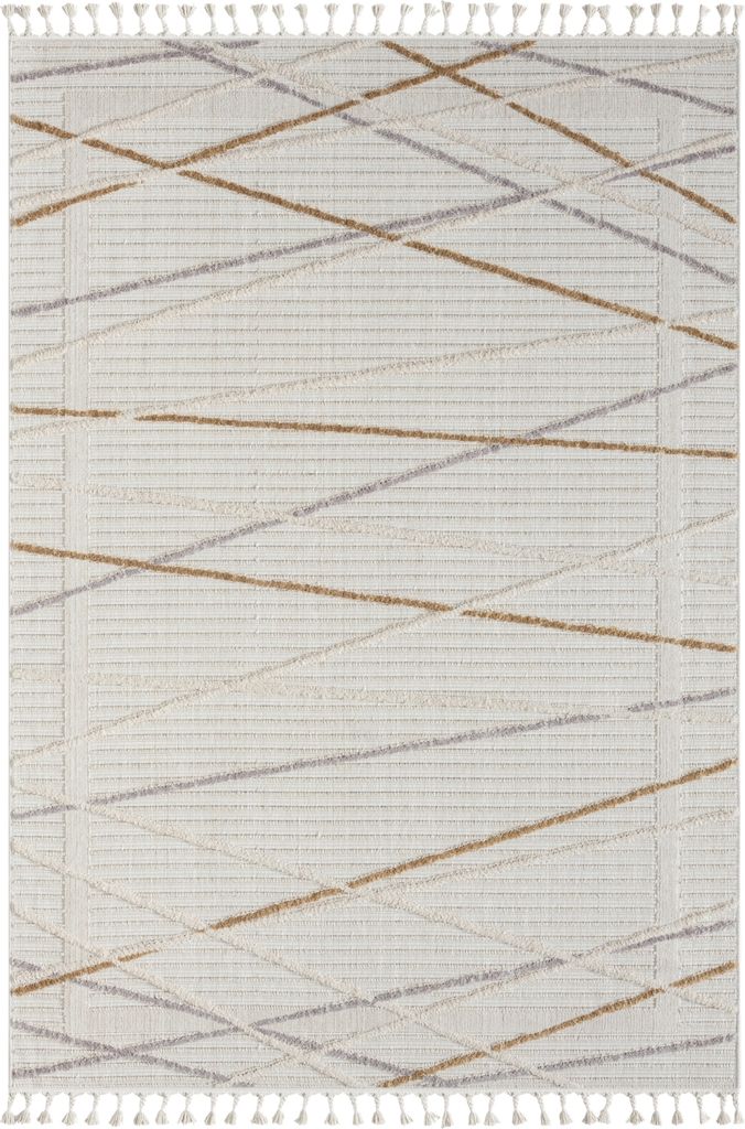 MY-RUG Teppich, Lina 1, 230x160, Weiß, Kurzflorteppich, moderne Hoch-Tief-Struktur, Boho-Stil, mit Fransen, Rechteckig