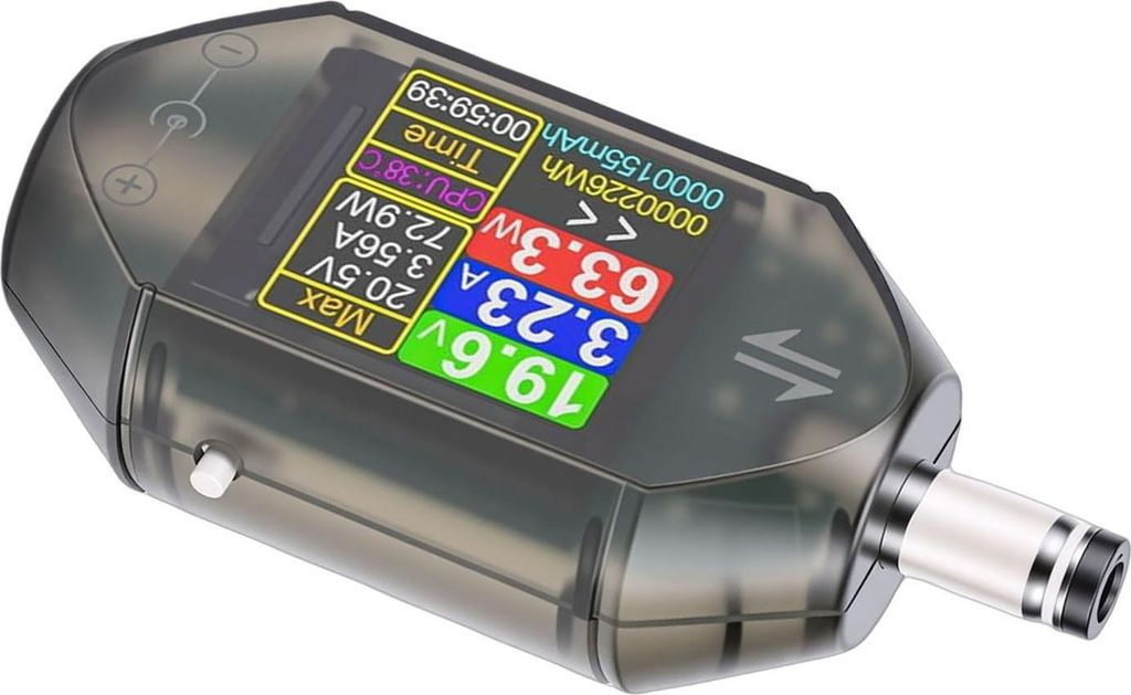 DC-Spannungsprüfer 4.5-50V 0-6A 0-600W 2-Wege-Erkennung Drehbarer Farbbildschirm DC5.5x2.5/2.1 Schnittstelle Spannung Strom Leistungsmesser