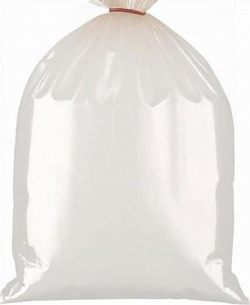 A clear, studio shot of a large, transparent plastic sack.
