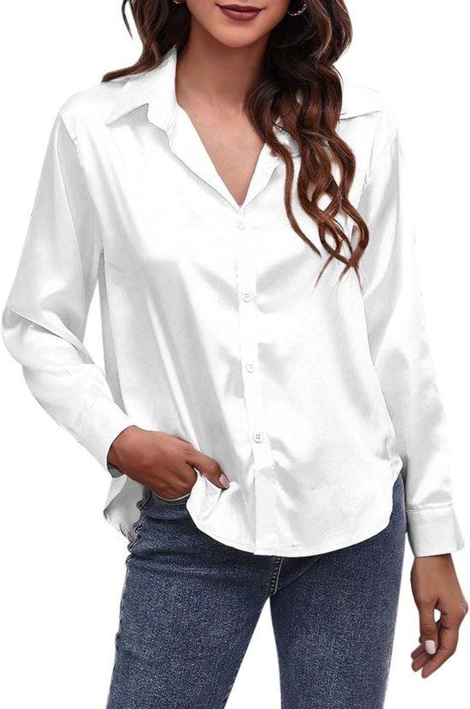 Casual V-hals Bluse für Damen - lange Ärmel - effen Satin - trendy Bürokleidung