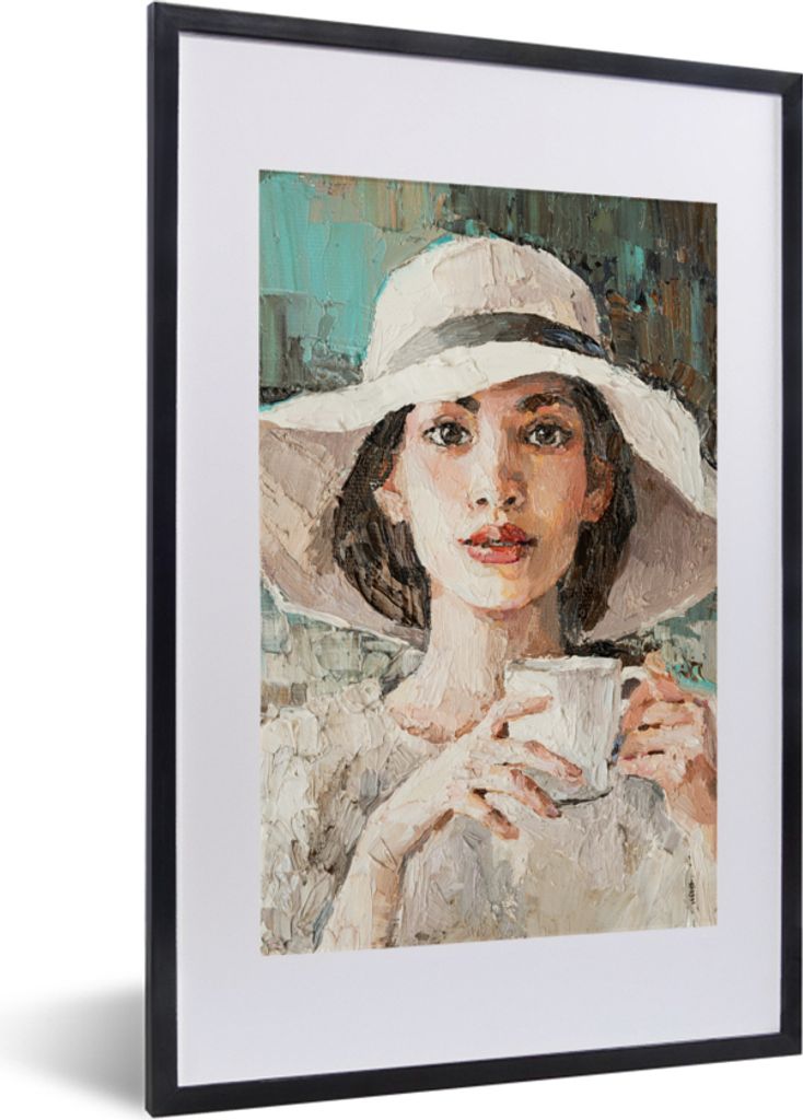 MuchoWow Gerahmtes Poster Gemälde - Frau - Ölzeug - Hut - Kaffee 40x60 cm - Poster mit Schwarzem Bilderrahmen Wandposter Rahmen Foto Bilder - P...