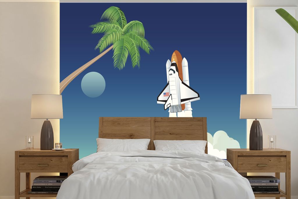 MuchoWow Fototapete für Wohnzimmer oder Schlafzimmer Wandtapete Vinyl Motivtapete Eine Illustration der Raumfähre, die von einer Insel abfliegt...