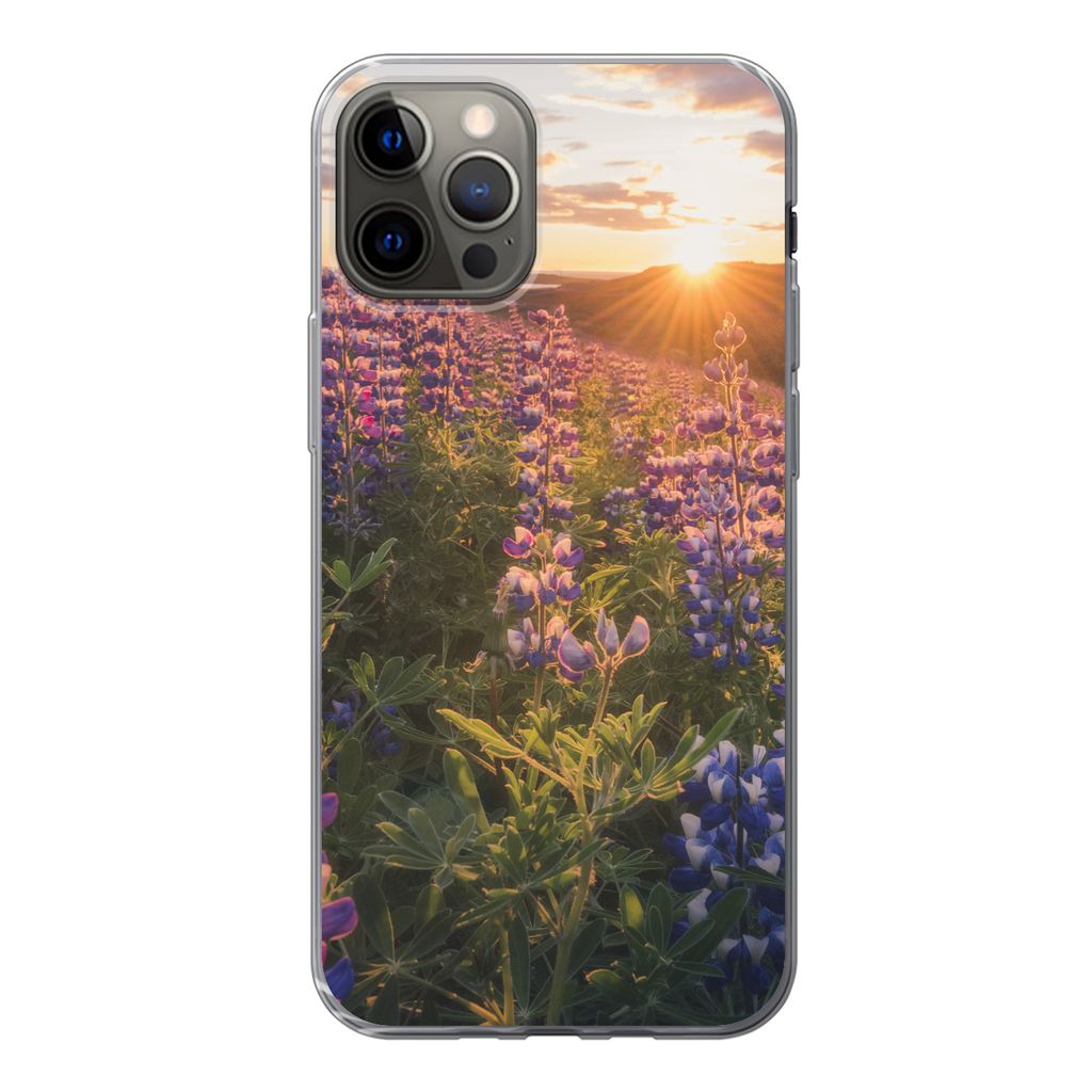 MuchoWow Handyhülle Schutzhülle Hülle für iPhone 12 Pro Lupine - Sonne - Lila Silikon Softcase Handy Hülle - Abdeckung