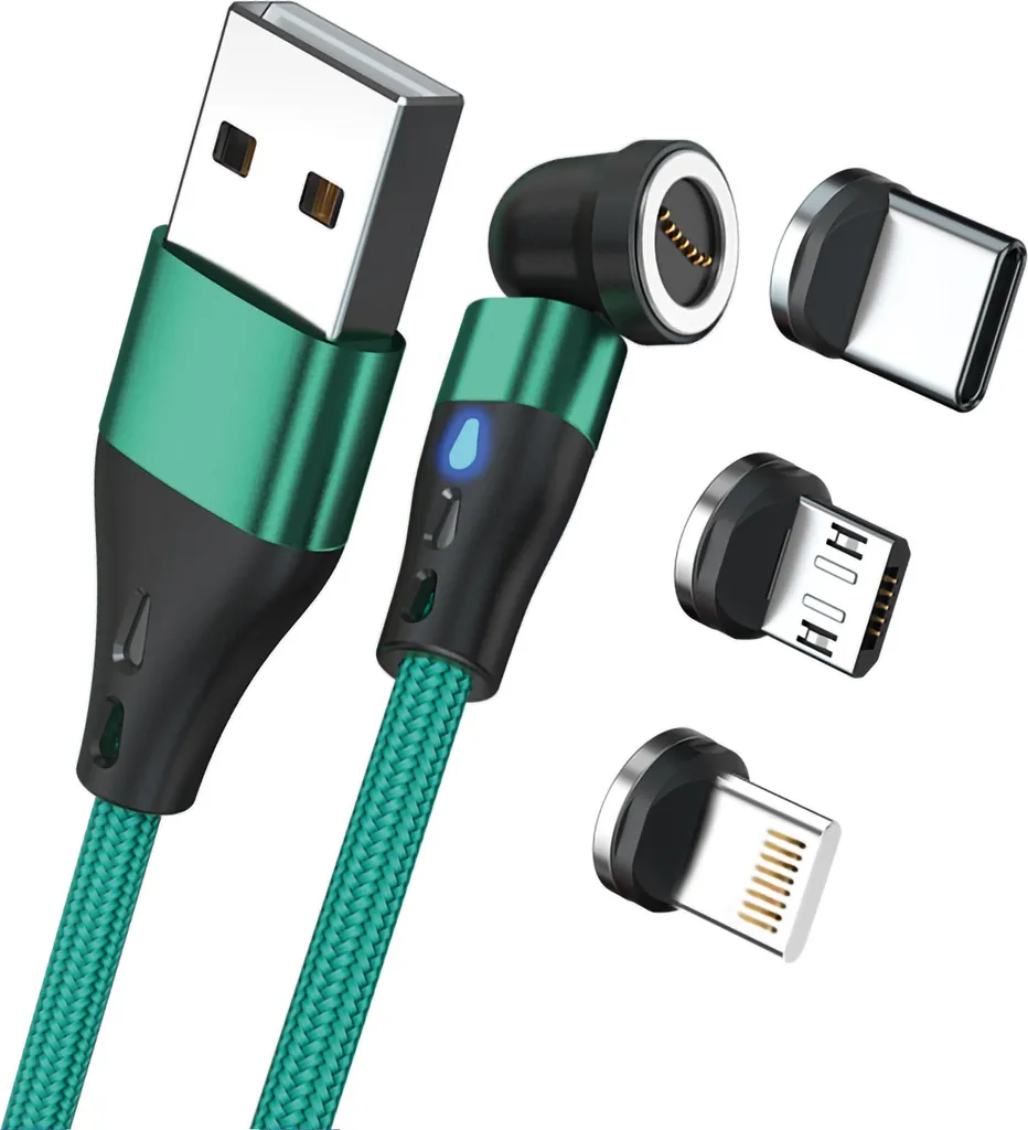 RealPower 439645 Cavo Magnetico 3A 2m Verde con Adattatori USB-C Micro-USB