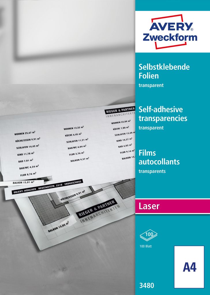 Avery Zweckform 3480, Transparente, selbstklebende Folien, Produktbild 