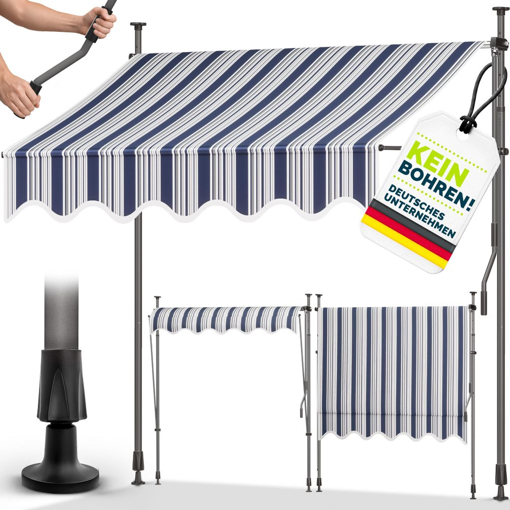 tillvex Balkonmarkise 200 cm Blau/Grau Gelenkarm Markise Klemmmarkise Sonnenmarkise Balkon ohne Bohren