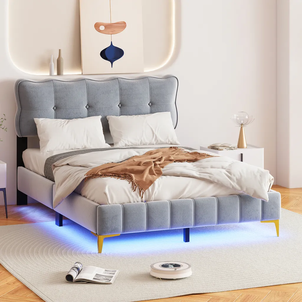 Lit Double 140x200 en Velours Gris avec LED et Tête de Lit Rembourrée