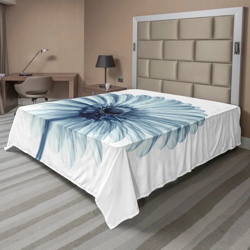Drap de lit pour décoration de chambre moderne, motif fleurs bleu/blanc