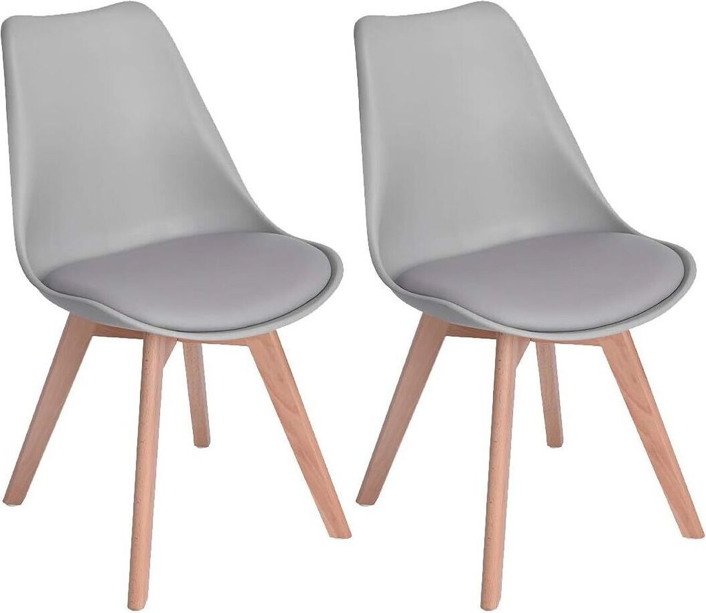Two gray chairs with wooden legs are shown against a white background.