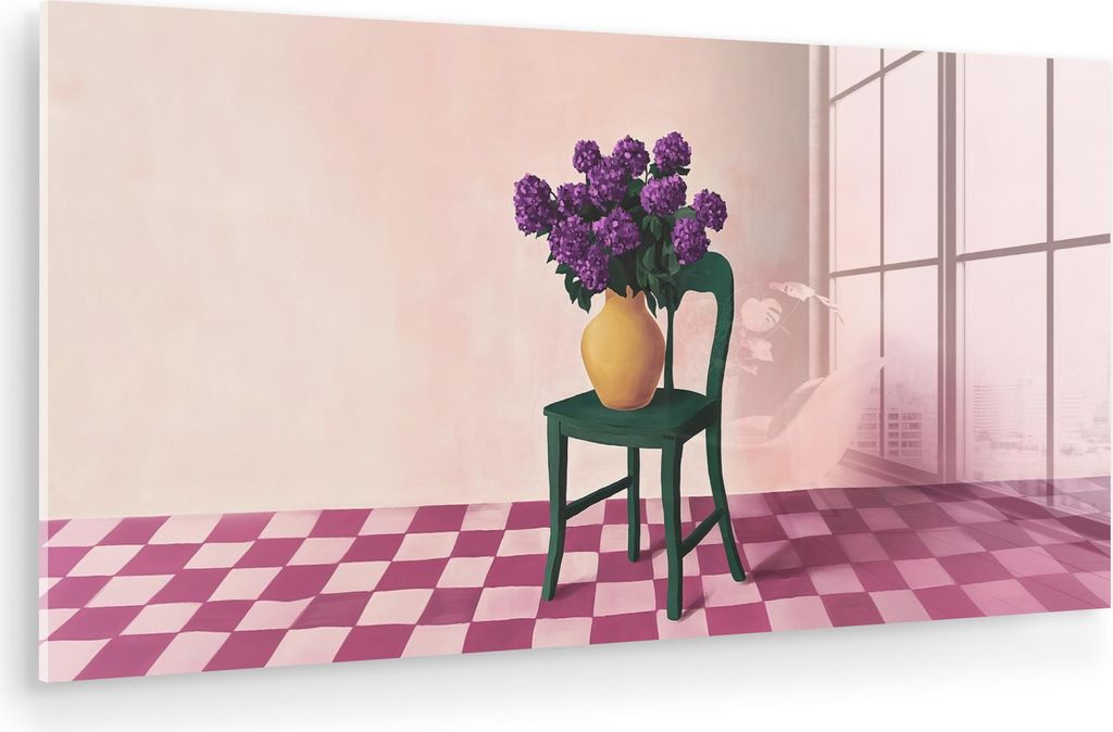 MuchoWow Glasbilder - Bilder auf Wandbild - Foto auf Glas Stuhl - Vase - Blumen - Blockiert 80x40 cm Wanddekoration aus Glas - Acrylglasbild - Acry...