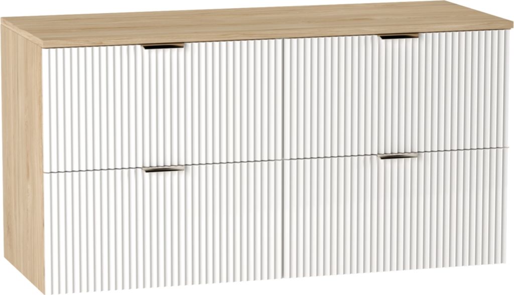 WENA Waschtischunterschrank 120 cm, geriffelte Fronten, Griffe aus Metall in der Farbe Gold (Farbe: Weiß / Eiche)