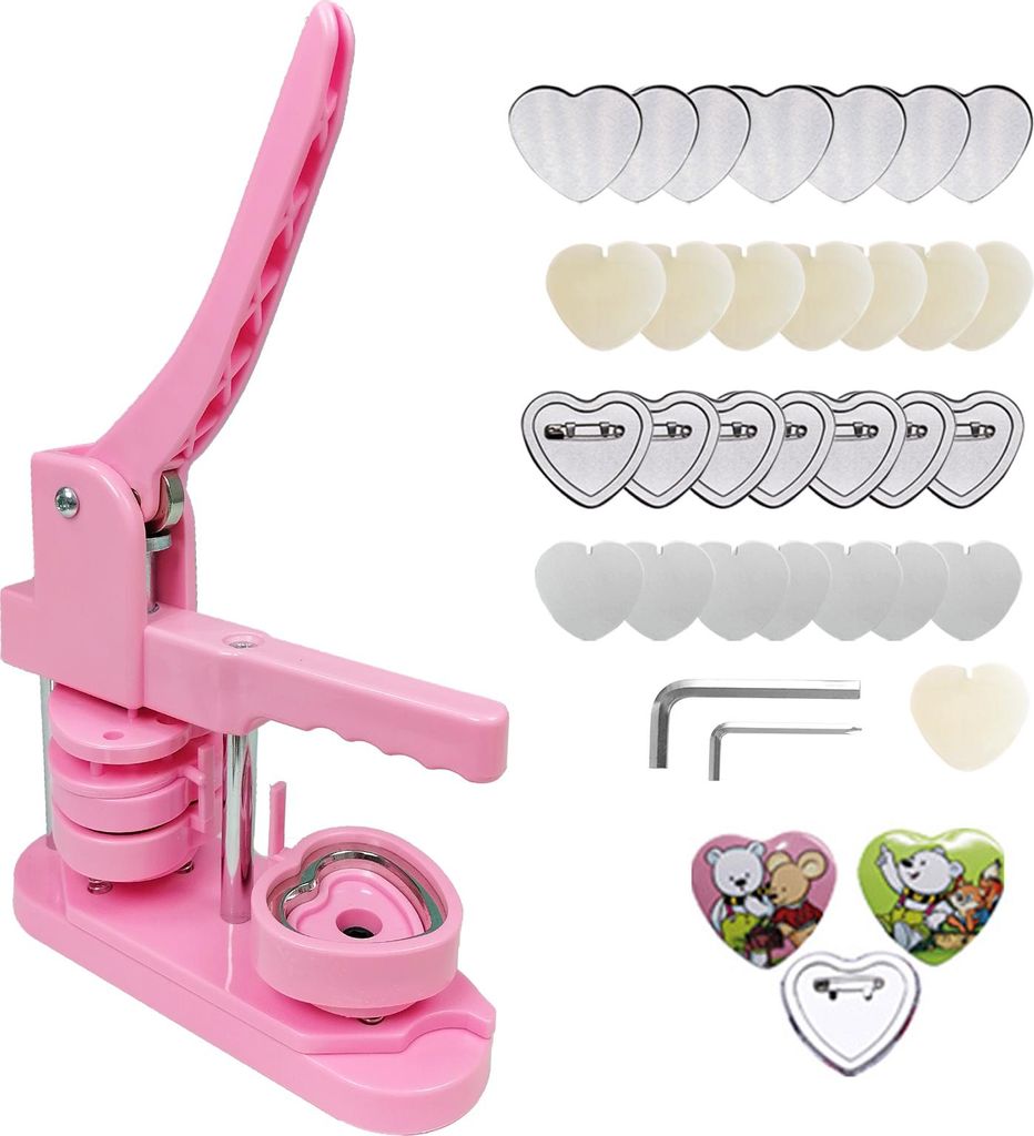 Herzförmige Button-Maschine DIY – Pin Button Maker Presse inkl. 100 Teile & Herz-Schneider, Pink, Schnell & Einfach für Personalisierte Anstecker