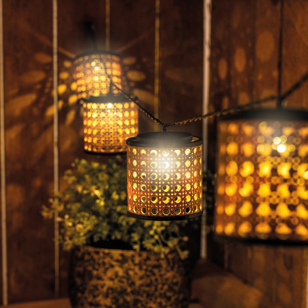 String lights with lantern-like shades are hanging in front of a wooden wall, with a potted plant in the foreground.