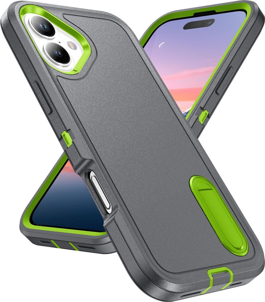 Hülle für iPhone 17 Hybrid Dreilagige Robust Stoßfest Schwerlast Schutzhülle mit Ständer Grau