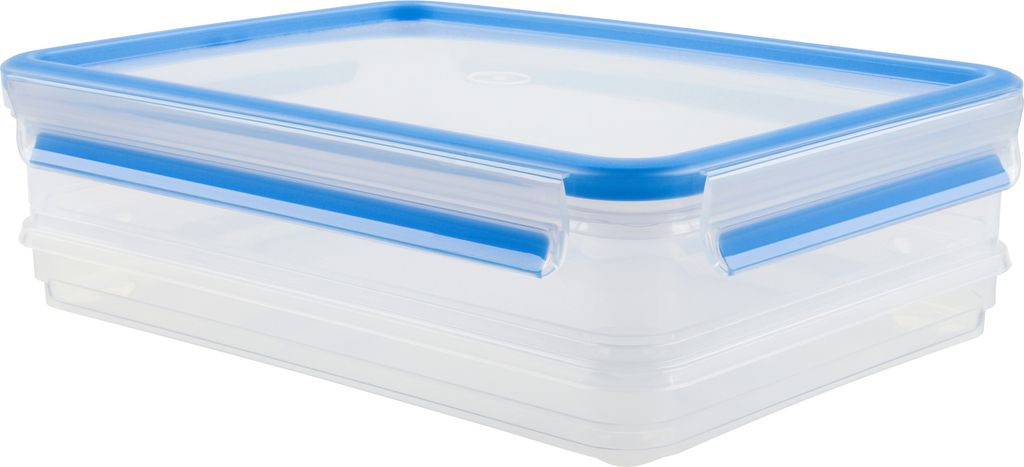 A clear studio shot of a transparent food storage container with a blue lid.