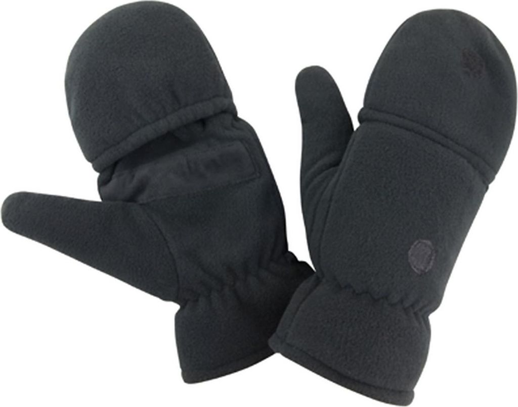 A pair of black fleece mittens is displayed against a white background.
