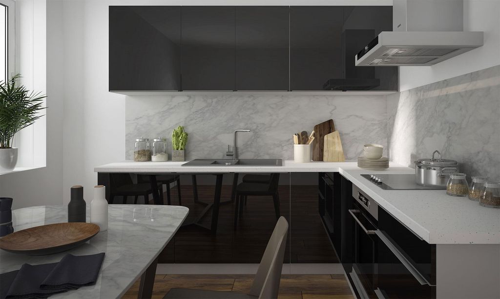 L-Form Küchenzeile ESSEN Einbauküche 230x210cm grau Front schwarz Hochglanz