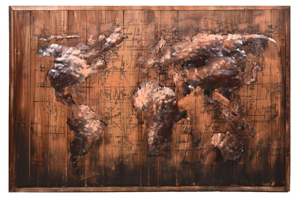 3D-Metallbild Weltkarte - Stahl Braun 5x80x120cm | Wandbild Wohnzimmerbild Dekobild Flur Büro