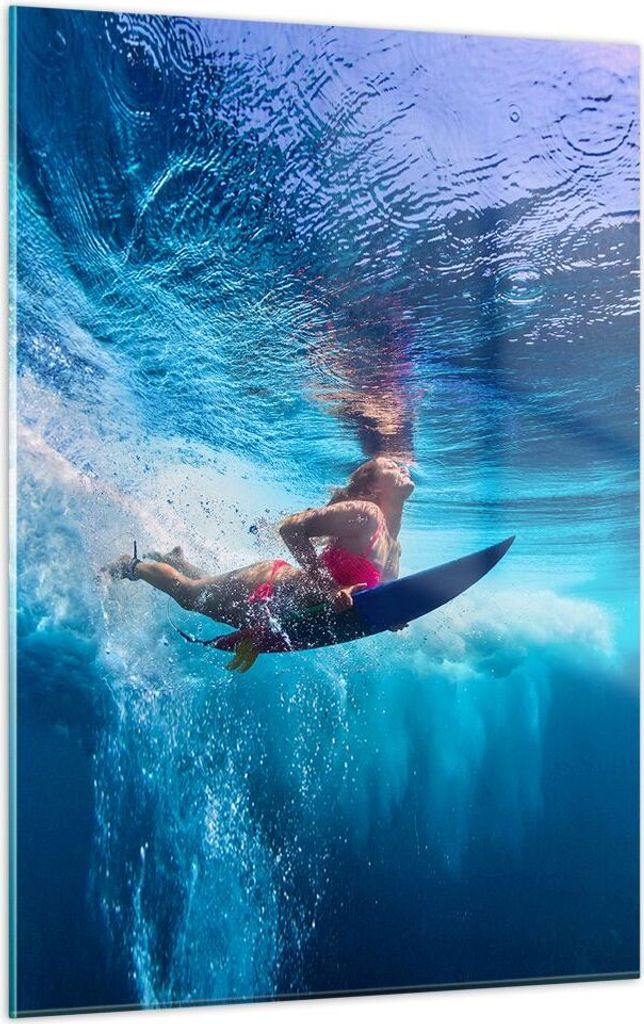 Bilder auf glas - Einteilig - Surfen Frau Unterwasser - 50x70cm - Glasbilder - Wandbilder - Bilder - zum Aufhängen bereit - Wanddekoration aus Gla...
