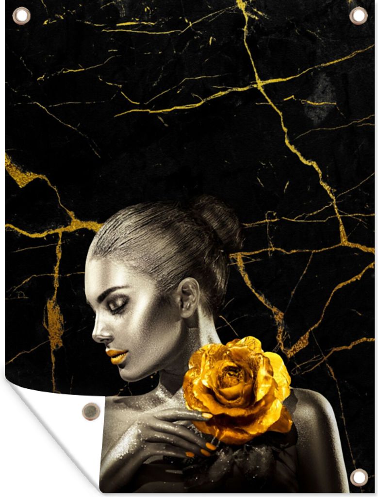 MuchoWow 90x120 cm Outdoor-Poster Gartendeko Sichtschutz Garten Poster für den Garten Frauen - Rosen - Gold - Marmor