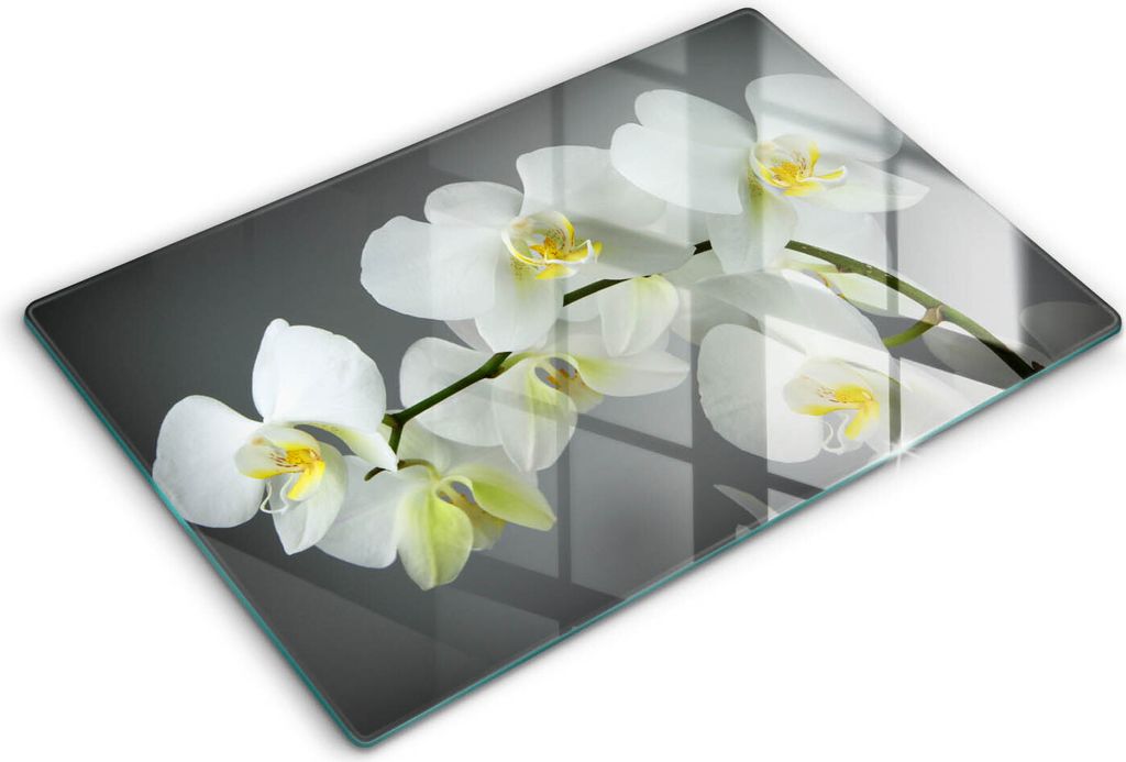 Glasschneideplatte - Herdabdeckplatte - 80x52 cm -Schneidebrett - Spritzschutz -Weiße Orchideenblumen