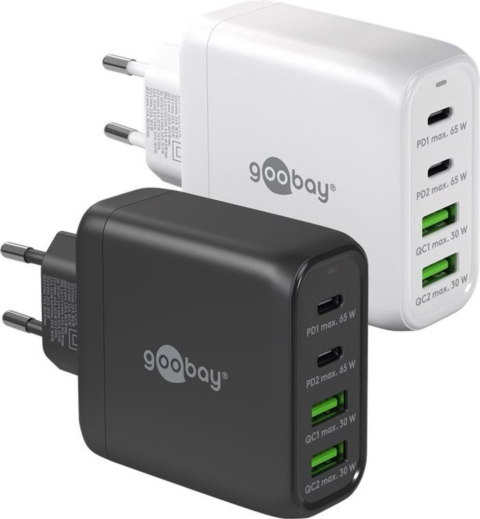 Two Goobay brand mobile device chargers, one white and one black, are shown side-by-side against a white background. The chargers have multiple ports and wattage information printed on them.
