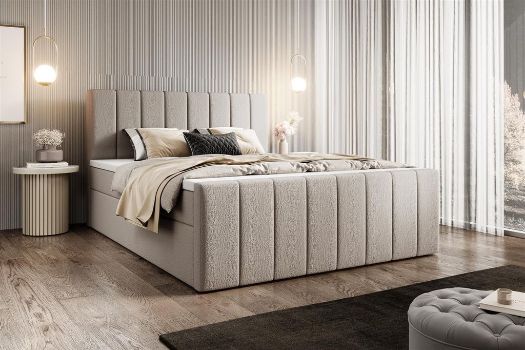 Boxspringbett GARDA 2 Abriamo PG 3 mit Bettkasten, Bonell Matratze und 5 cm Topper beige (Abriamo 03)-140 x 200 cm