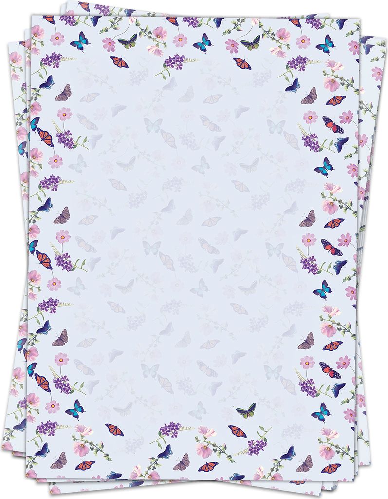 50 Blatt Briefpapier (A4) | Schmetterling Blumen Sommer | Motivpapier | edles Design Papier | beidseitig bedruckt | Bastelpapier | 90 g/m²