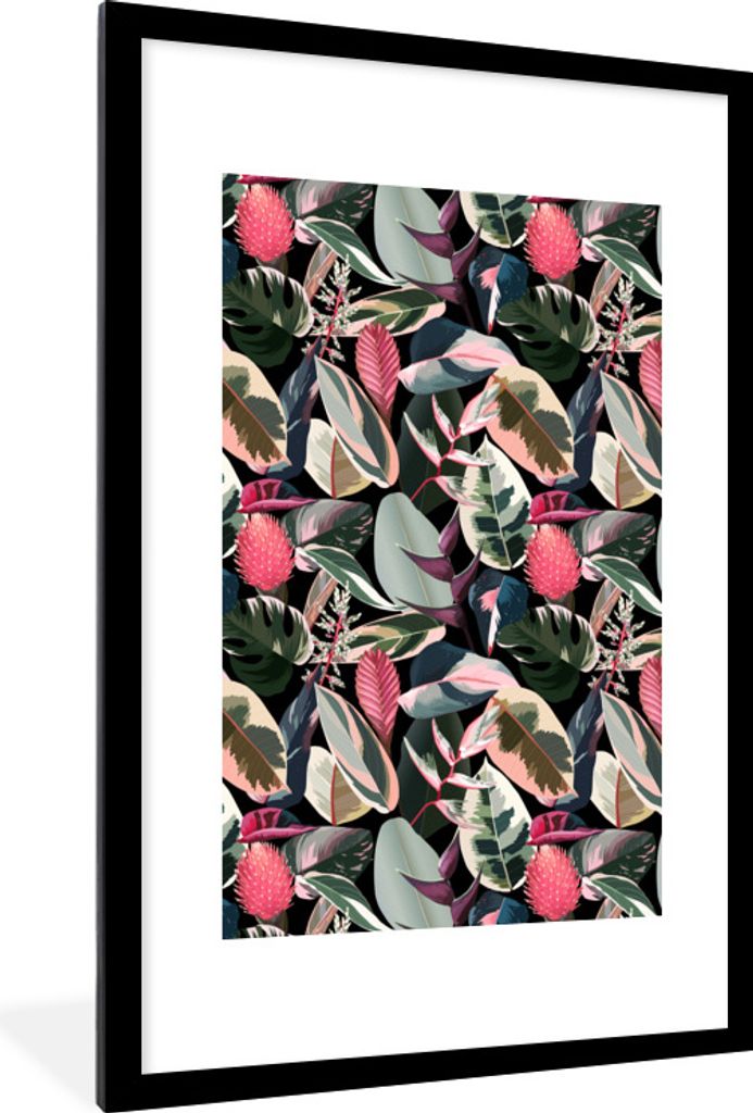MuchoWow Gerahmtes Poster Tropisch - Rosa - Blätter 60x90 cm - Poster mit Schwarzem Bilderrahmen Wandposter Rahmen Foto Bilder - Dekoration - Wa...
