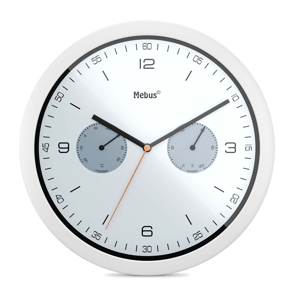 Mebus analoge Wanduhr mit Thermometer und Hygrometer / Quarz-Uhrwerk / 26 cm Durchmesser / Rund