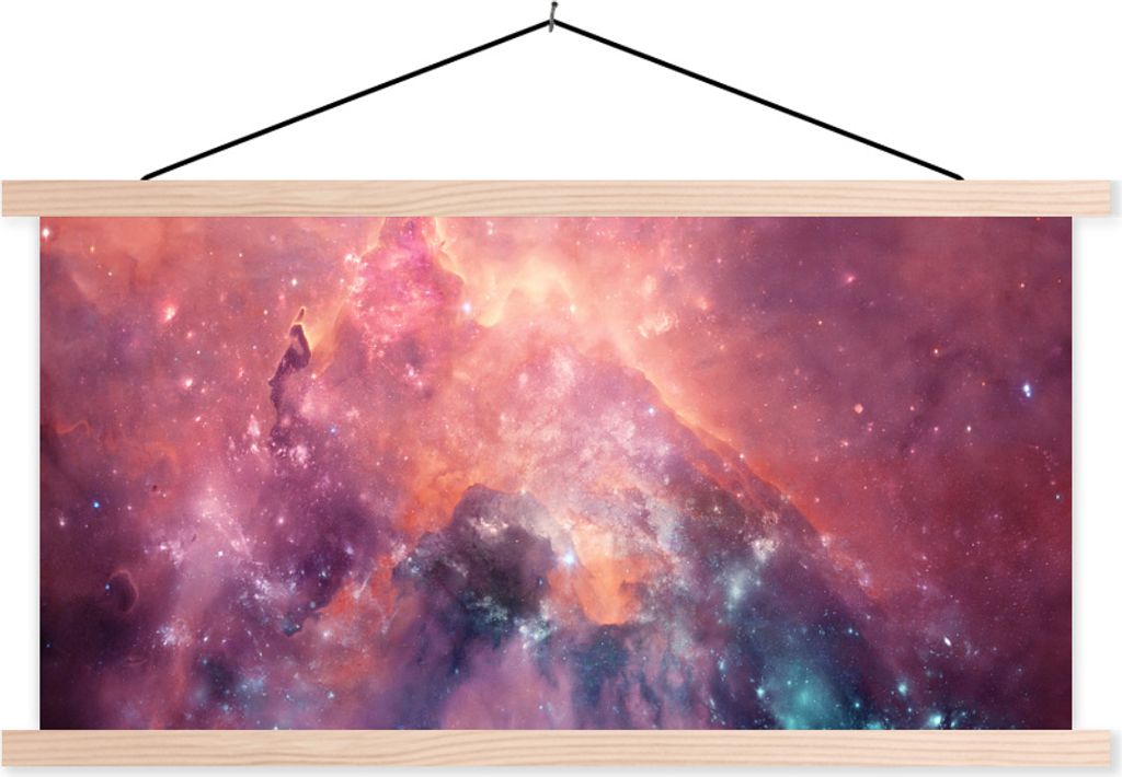 MuchoWow Textilposter Sterne - Orange - Weltraum 120x60 cm mit holzfarbenen Rahmen - Klemmleiste
