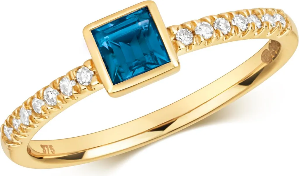Bijou Durable Or 375 Bague Diamant et Topaze Bleue Ne Noircit Pas 17.5mm