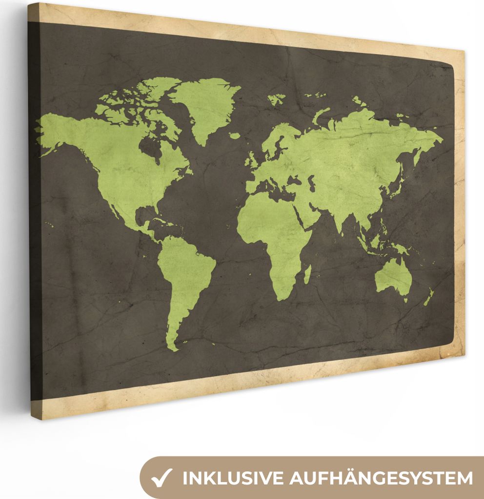 OneMillionCanvasses - Leinwandbilder - 150x100 cm, Weltkarte - Grün - Vintage, Wandbilder Kunstdruck Wanddekoration