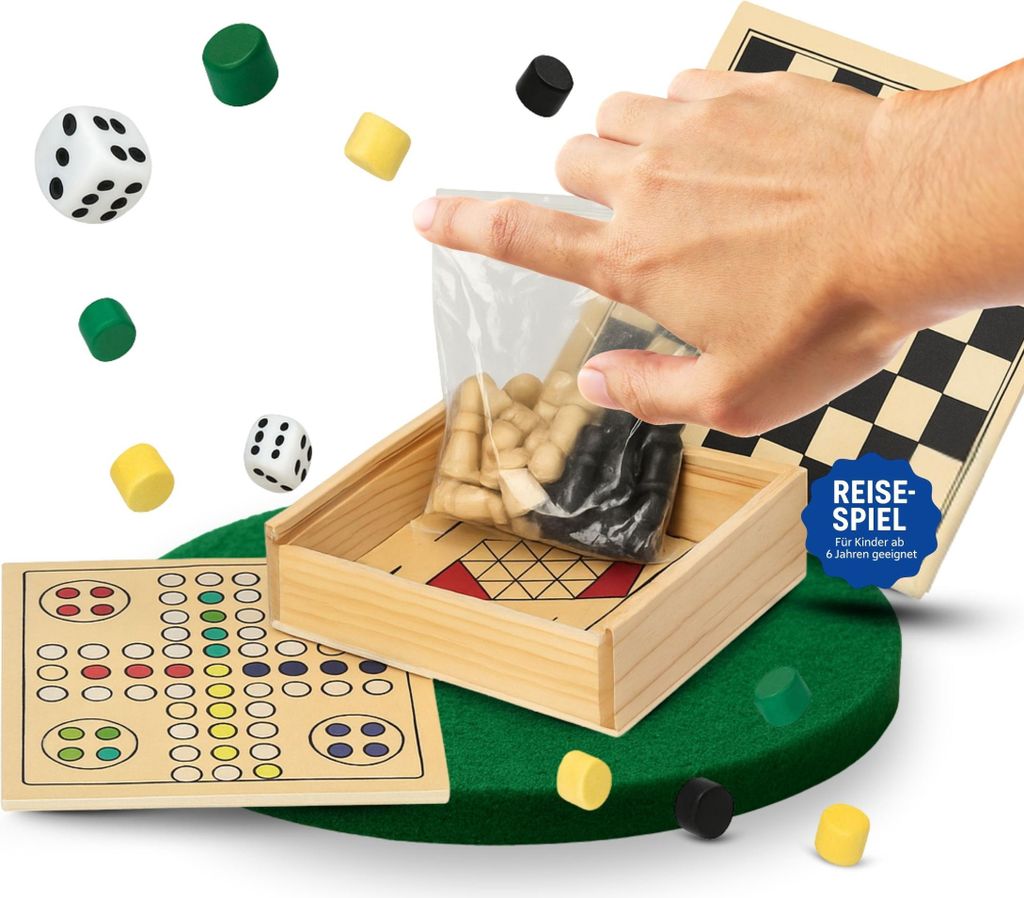 Reisespiel Set 'Collection' - Brettspiel-Sammlung aus Holz mit Schachfiguren, Spielsteinen & Würfeln für Familie & Kinder ab 6 Jahre - ideal für...