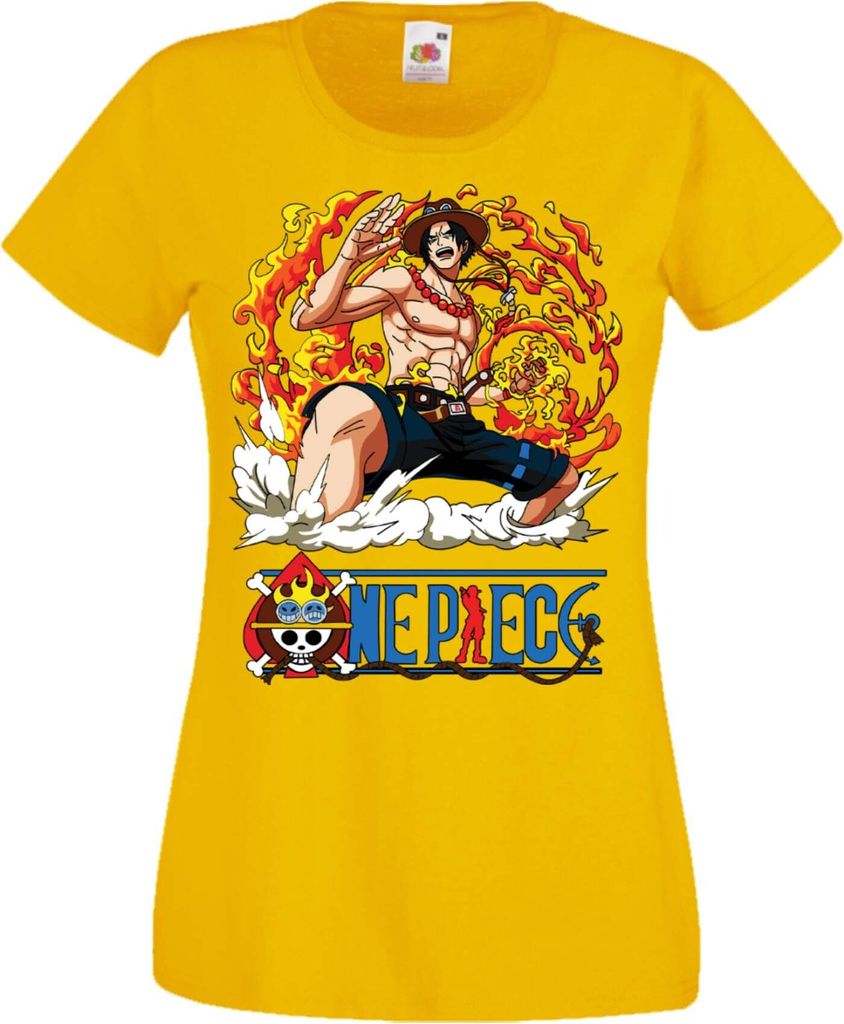 Damen T-Shirt Manga Anime One Manga Piece Anime 09 Portgas Ace, Lady 2XL / Gelb