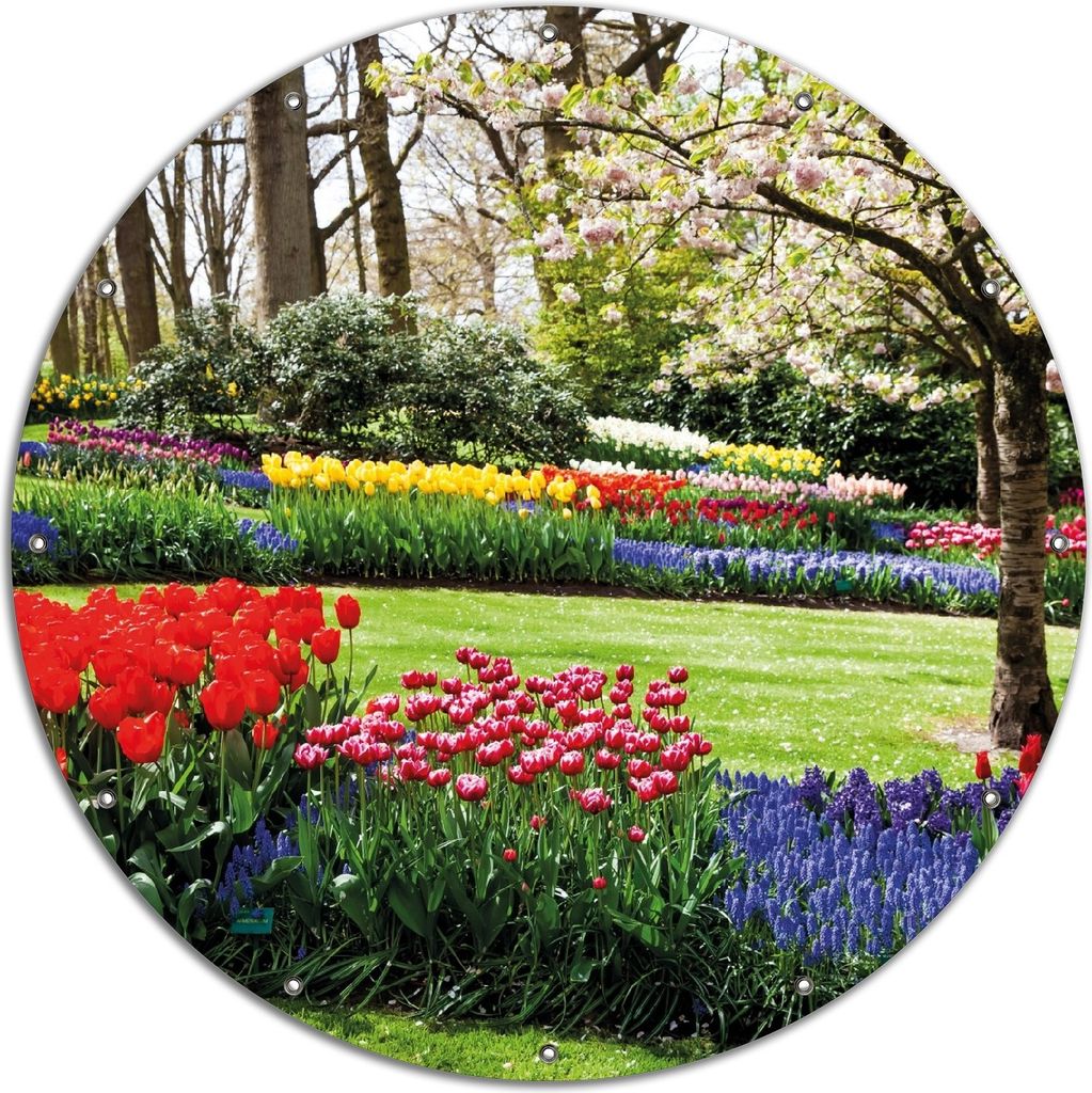 Wallario rundes Outdoor-Poster für Garten oder Balkon, Motiv Bunte Blumen und Kirsch-Baum im Park blühen im Frühling, 120 cm Durchmesser