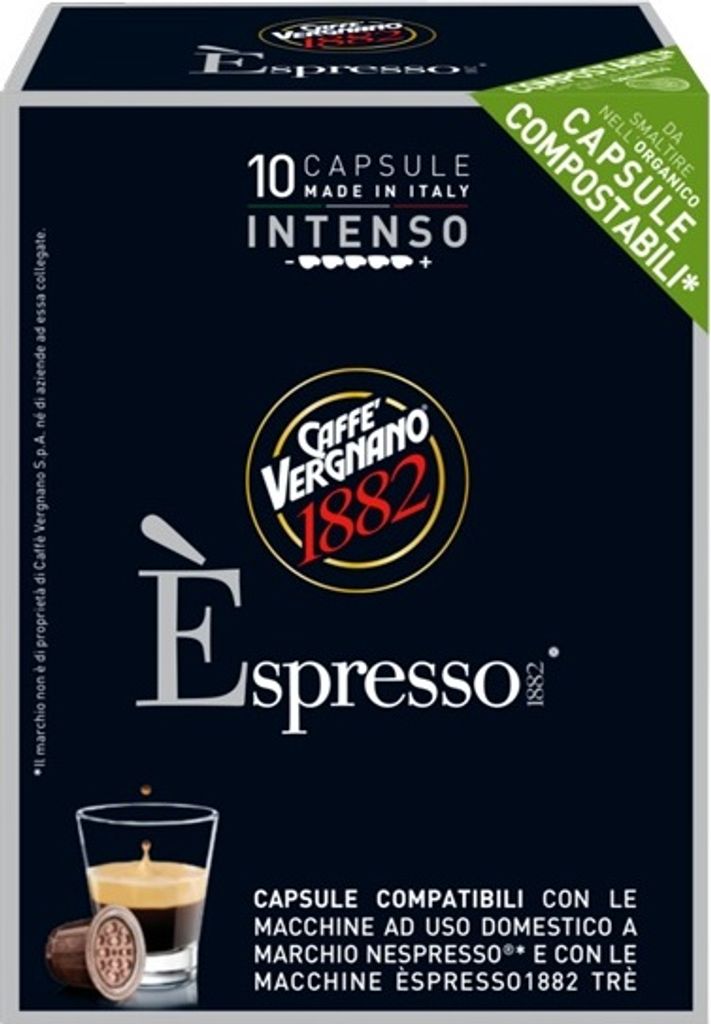 A dark blue box of Caffè Vergnano 1882 espresso capsules.