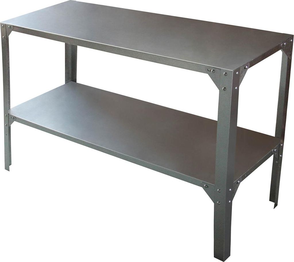 A metal workbench with two shelves against a white background.