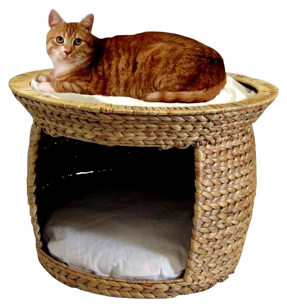Katzenliegeturm aus Wasserhyazinthe – Rückzugsort mit Kissen – Natürlicher Korb in Wollweiß – 53x53x37 cm