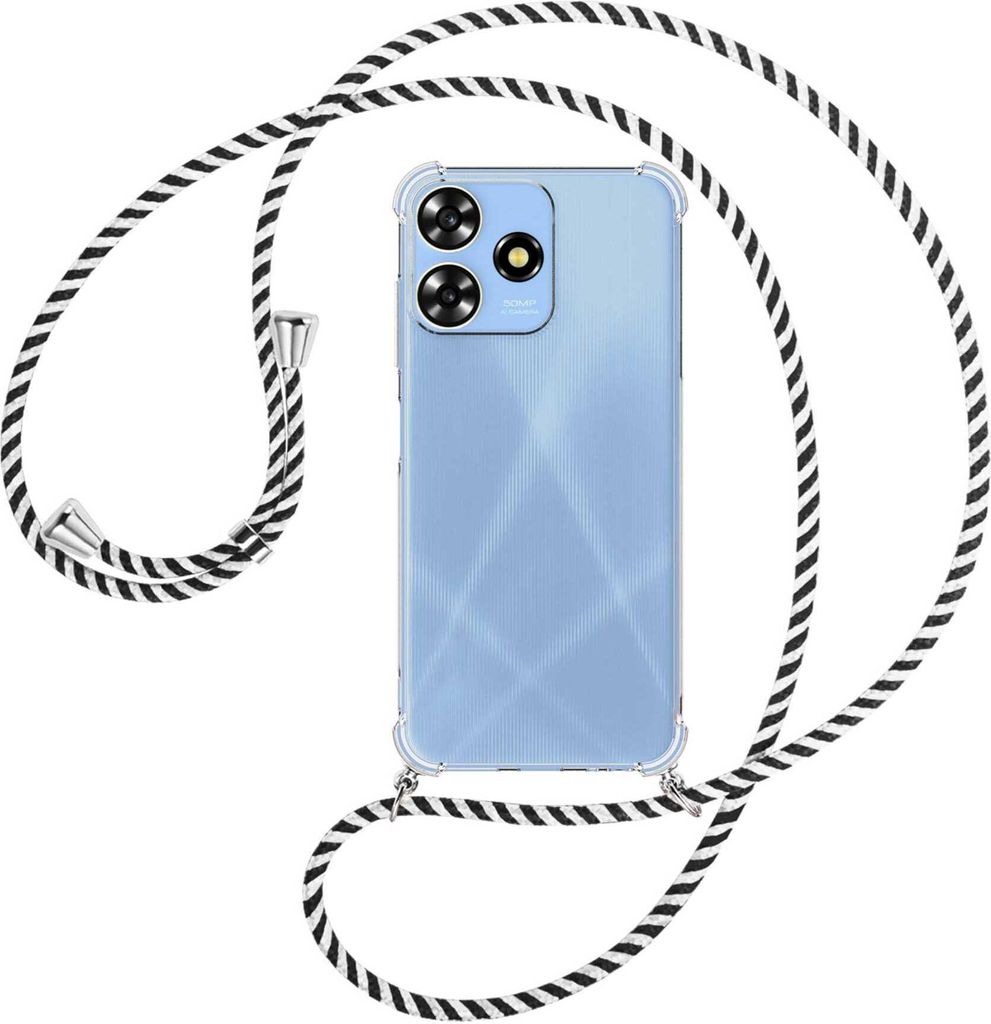 Handykette Backcover-Schutzhülle mit Band (Metall silberfarben) für ZTE Blade A73 4G (6.6'') - schwarz/weiß gestreift