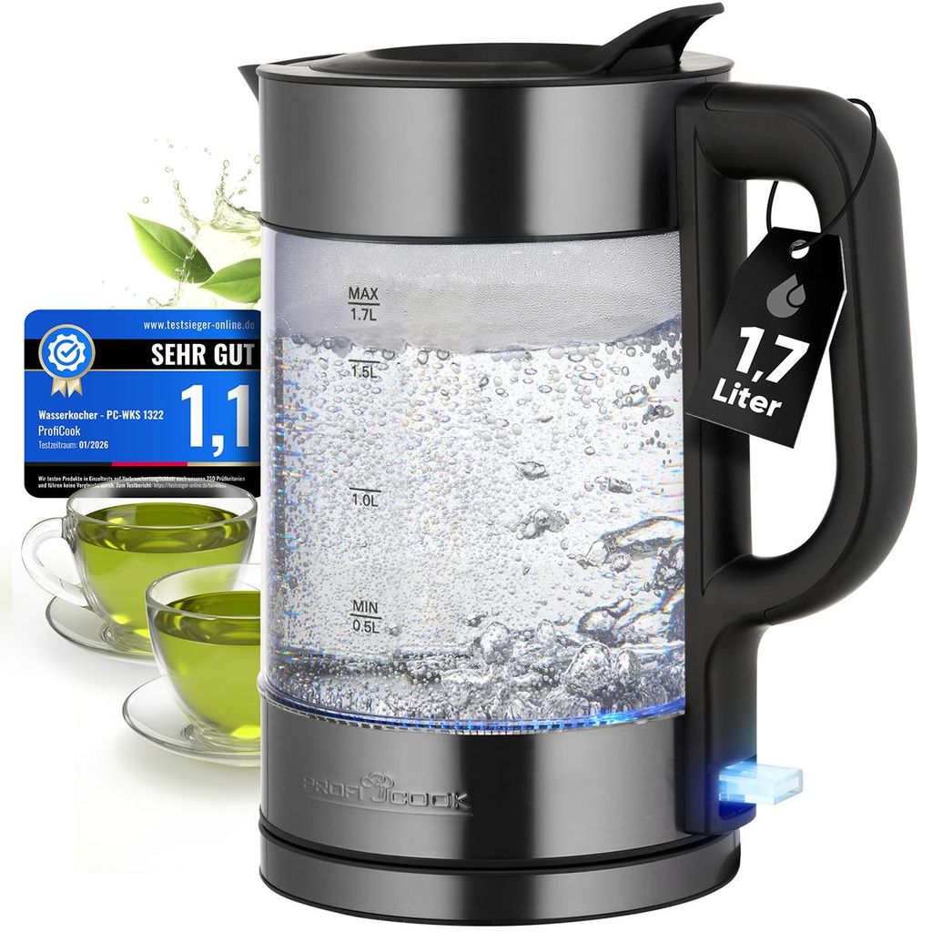 ProfiCook Wasserkocher Glas | 1,7L | 2200W | BPA frei | Einhandbedienung | 360° Sockel mit Kabelaufwicklung | Edelstahl | PC WK 1322 dark-inox