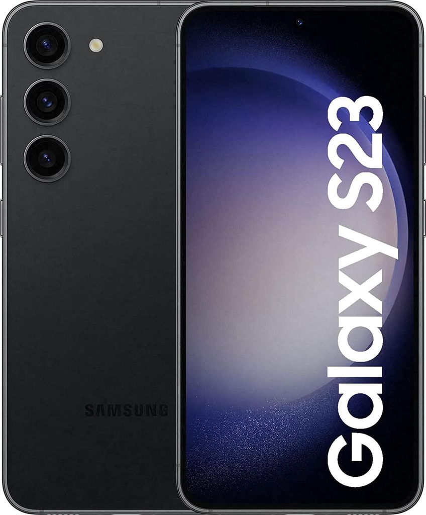 A black Samsung Galaxy S23 smartphone is shown from the back and front.