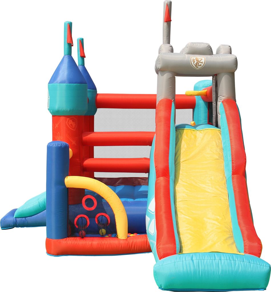 A colorful inflatable castle with a slide and other play features, set against a white background.