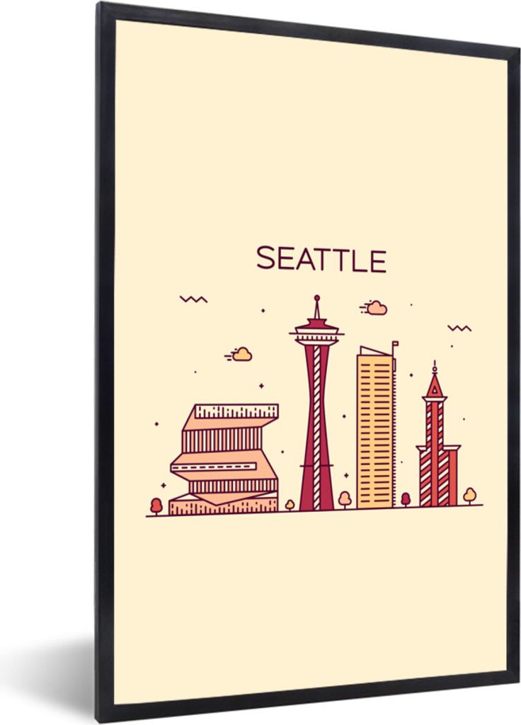 MuchoWow Gerahmtes Poster Seattle - Skyline - USA 60x90 cm - Poster mit Schwarzem Bilderrahmen Wandposter Rahmen Foto Bilder - Kunst