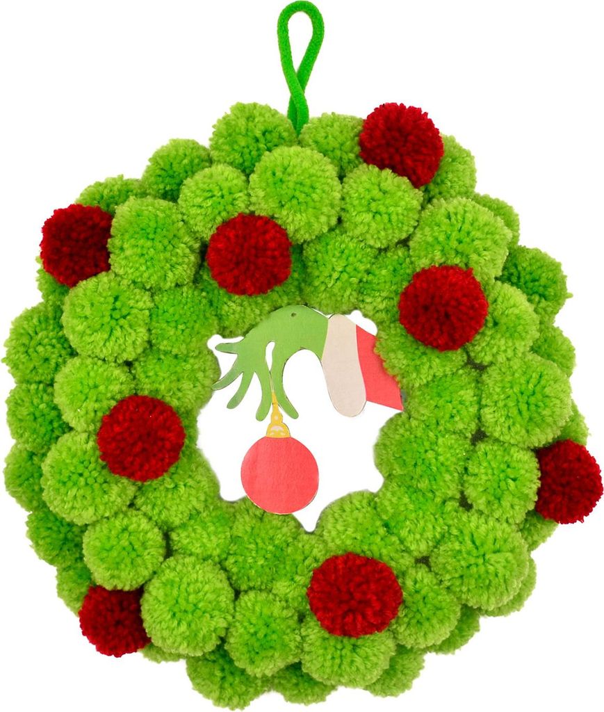 13 Zoll großer grüner Weihnachtselfenkranz für die Haustür, Plüsch-Pompom-Kranz mit Holzelfenhand, ideal als winterliche Wand-, Fenster-, Kami...
