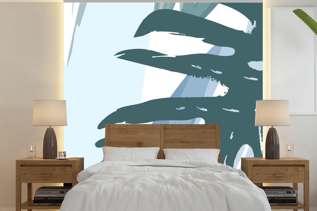 MuchoWow Fototapete für Wohnzimmer oder Schlafzimmer Wandtapete Vinyl Motivtapete Sommer - Monstera - Hellblau - 260x260 cm - Papiertapeten