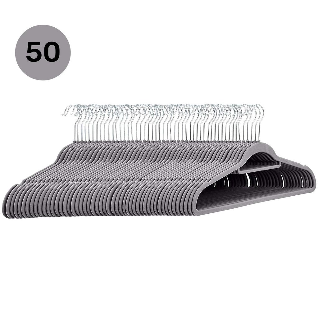 Kleiderbügel Samt 50er Set – Samtbügel grau - rutschfest mit Kunststoffkern, Hosensteg, Kerben & 360° Haken für Anzüge, Hemden & Jacken