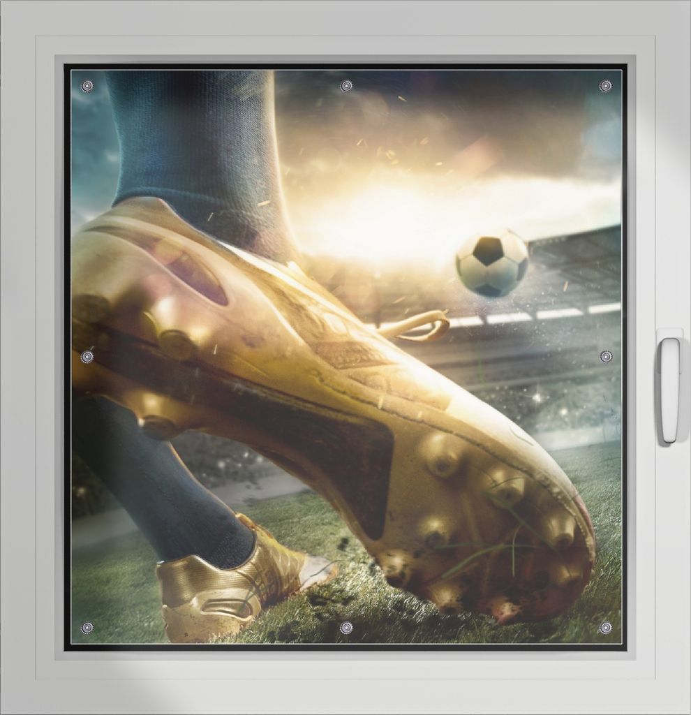 Wallario Lichtschutzbild, Dekorativer Sichtschutz Sonnenschutz 96 x 100 cm mit Motiv: Fußball Goldschuh auf dem Feld - Verdunklung ohne Bohren