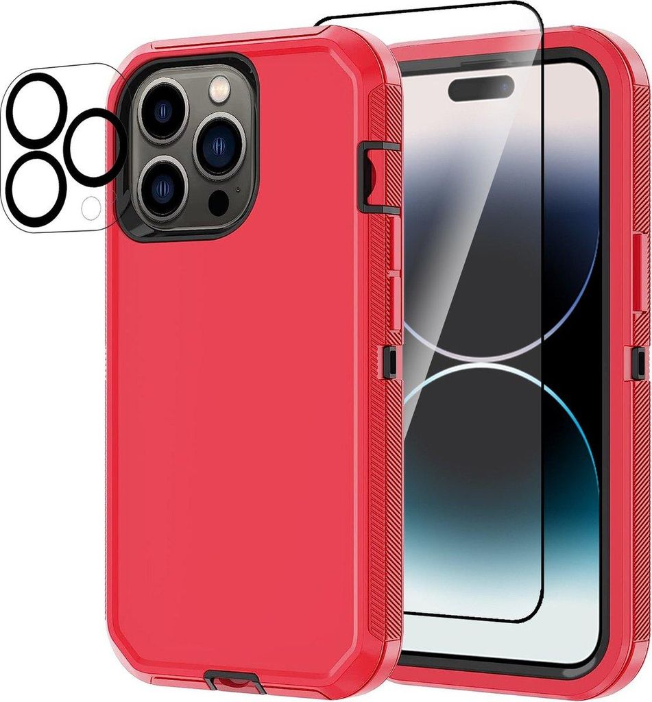 Stravo Heavy Duty Hülle für iPhone 15 Pro Max– 3-schichtig, stoßfest & staubdicht – inkl. Display- & Objektivschutz – Rot